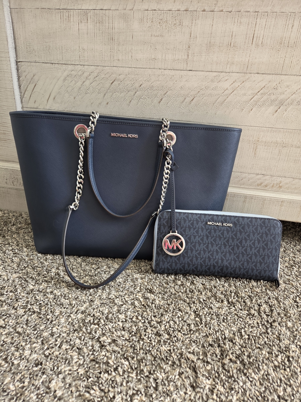 Michael Kors Navy Saffiano Tote with Michael Kors Logo Zip Wallet. #SW